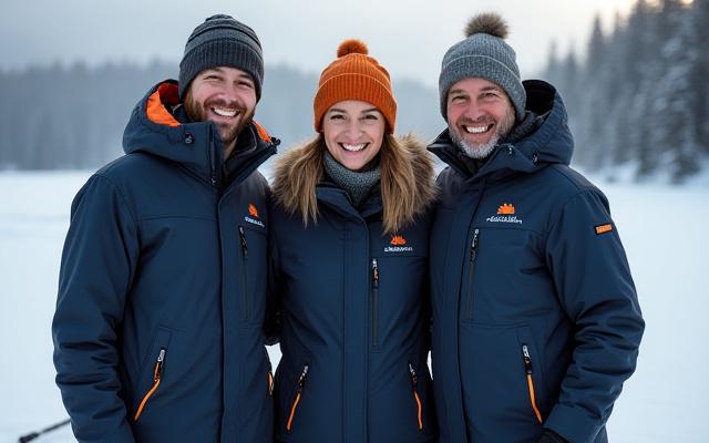 Fundadores de EcoAurora en un paisaje invernal con equipo de pesca en hielo