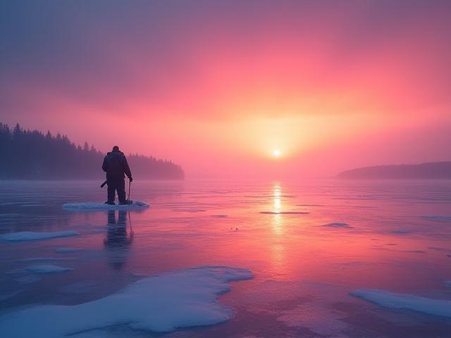 Lagos congelados al atardecer con siluetas de pescadores.
