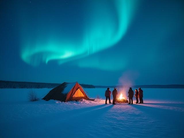Grupo de personas en un campamento de pesca en hielo de varios días.
