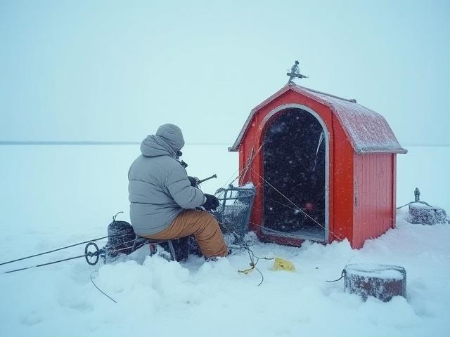 Hombre pescando en el hielo con equipo especializado.