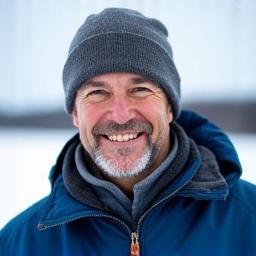 Retrato de Martín Rodríguez sonriendo con un paisaje nevado de fondo