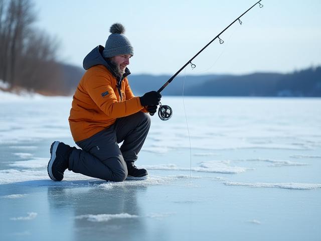 Hombre pescando en el hielo con equipo profesional