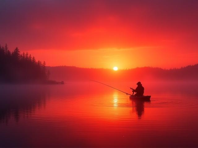 Pescador en un lago al atardecer, con colores cálidos