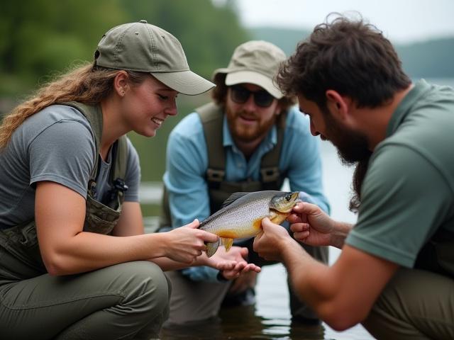 Grupo de personas aprendiendo sobre pesca sostenible en un entorno natural